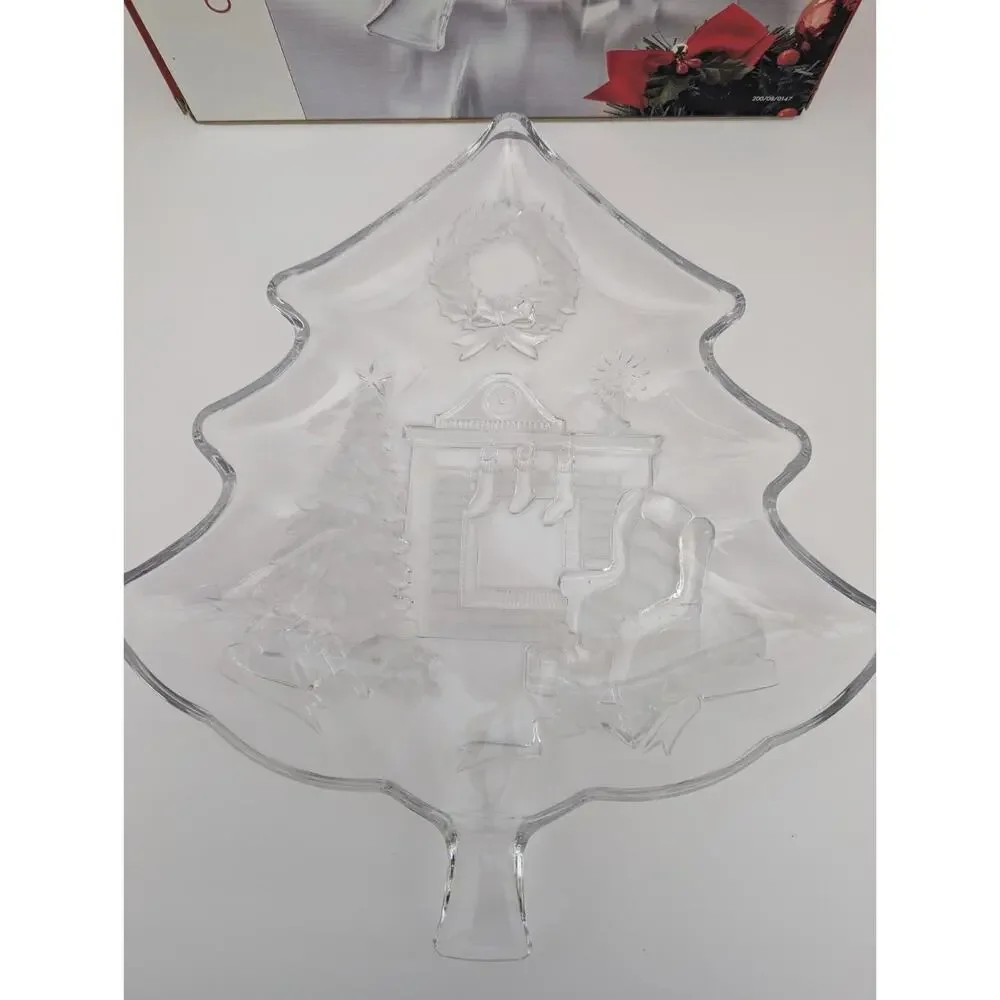 VTG Mikasa Holiday Classics Crystal Christmas Tree Platter Embossed Fireplace